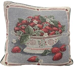 Vintage Strawberry Colander Woven Tapestry Throw Pillow Farmhouse 14in Square